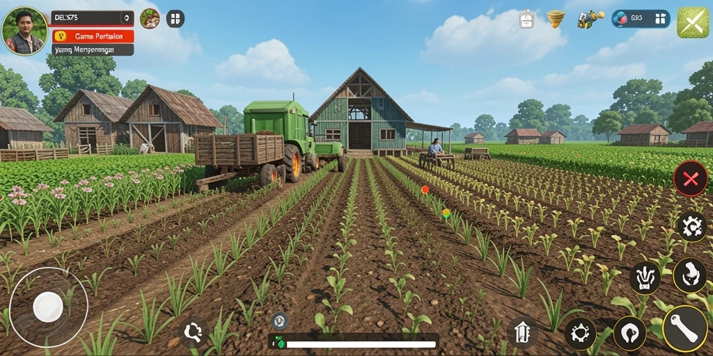 Gameplay <strong>DELTA575</strong>, menampilkan keindahan lahan pertanian yang produktif.