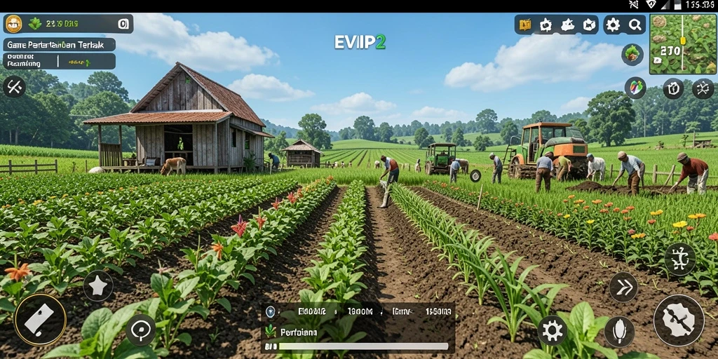Tampilan gameplay seru dan interaktif dari EVIP2 yang menggambarkan bertani.