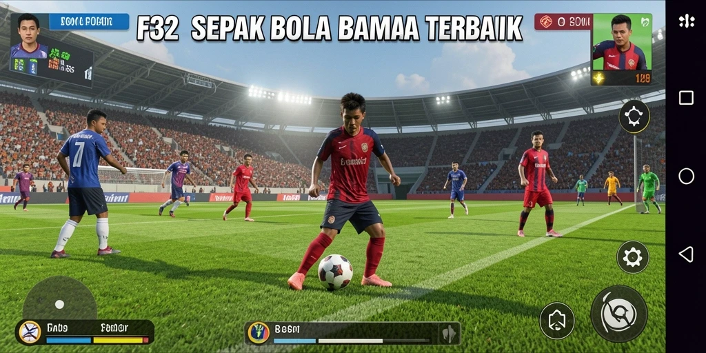 Screenshot F32 menampilkan aksi seru dalam permainan sepak bola.