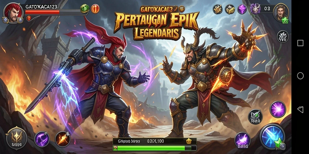Screenshot gameplay GATOTKACA123 menampilkan pertarungan karakter yang mendebarkan.