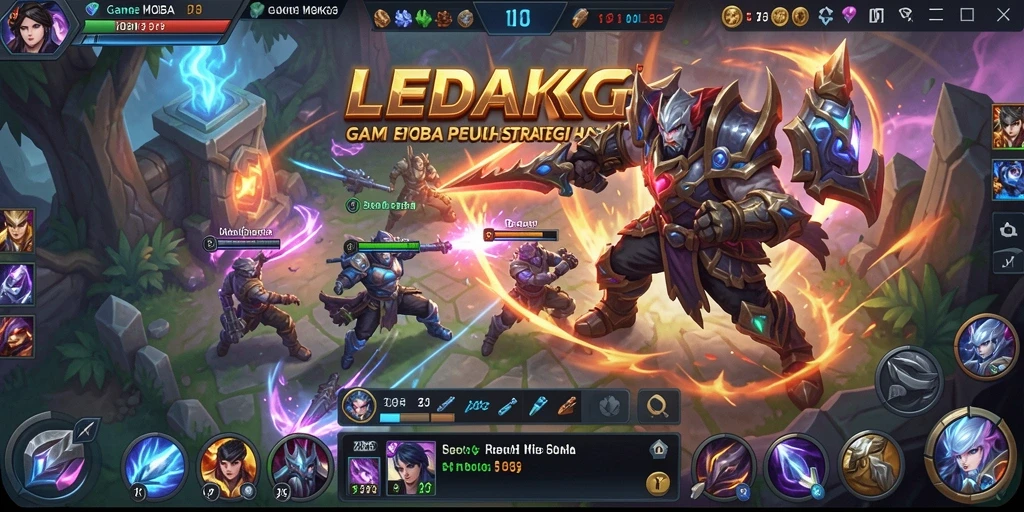 Screenshot gameplay dari LEDAKGG menunjukkan pertempuran seru dalam arena MOBA.