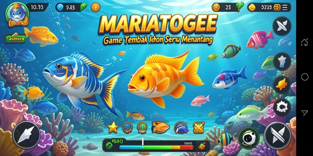 Tangkapan layar gameplay MARIATOGEL menampilkan momen seru saat menembak ikan.
