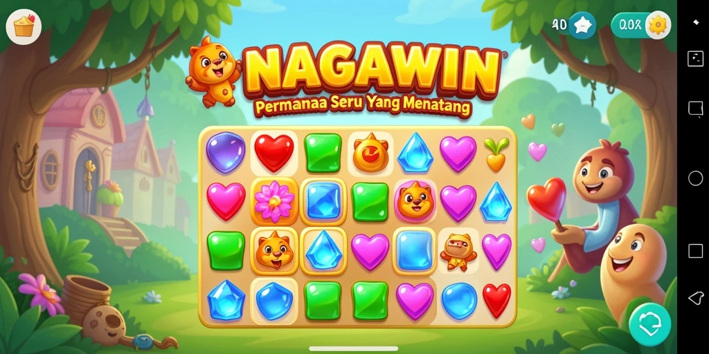 Gameplay NAGAWIN dengan objek berwarna cerah yang menarik.