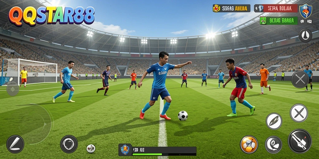 Screenshot gameplay QQSTAR88 dengan aksi sepak bola yang mendebarkan.