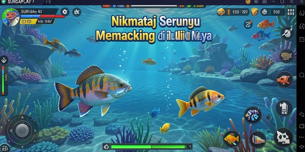 Tampilan gameplay SURGAPLAY yang menampilkan momen menangkap ikan.