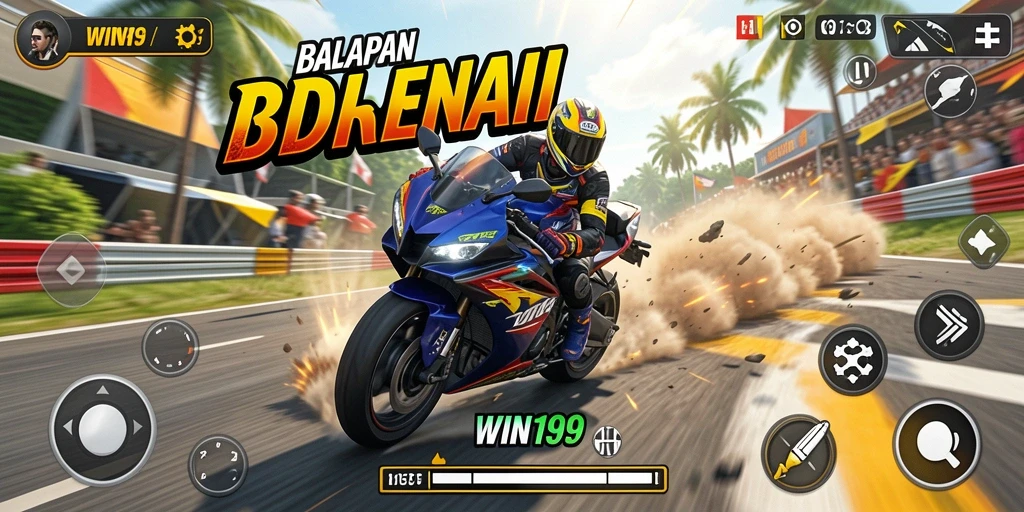 Screenshot gameplay WIN199 yang menunjukkan aksi balapan motor yang mendebarkan.