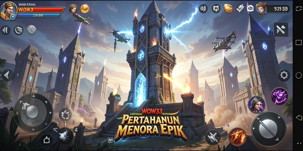 Screenshot WOW33 menampilkan aksi menara pertahanan yang mendebarkan.